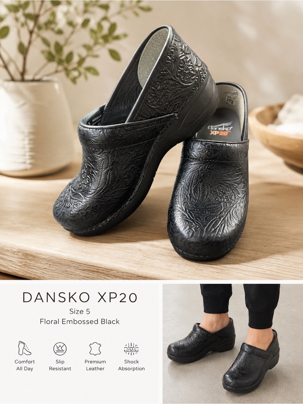 Dansko Floral Embossed Clogs — Black